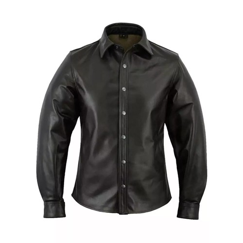 Men's Black Shirt Classic Stylish Genuine Soft Lambskin Leather Handmade Casual - Picture 3 of 6