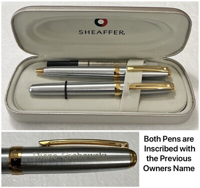 SHEAFFER White Dot PRELUDE Brushed Steel Gold Trim Roller+Ballpoint Pen Set  DG