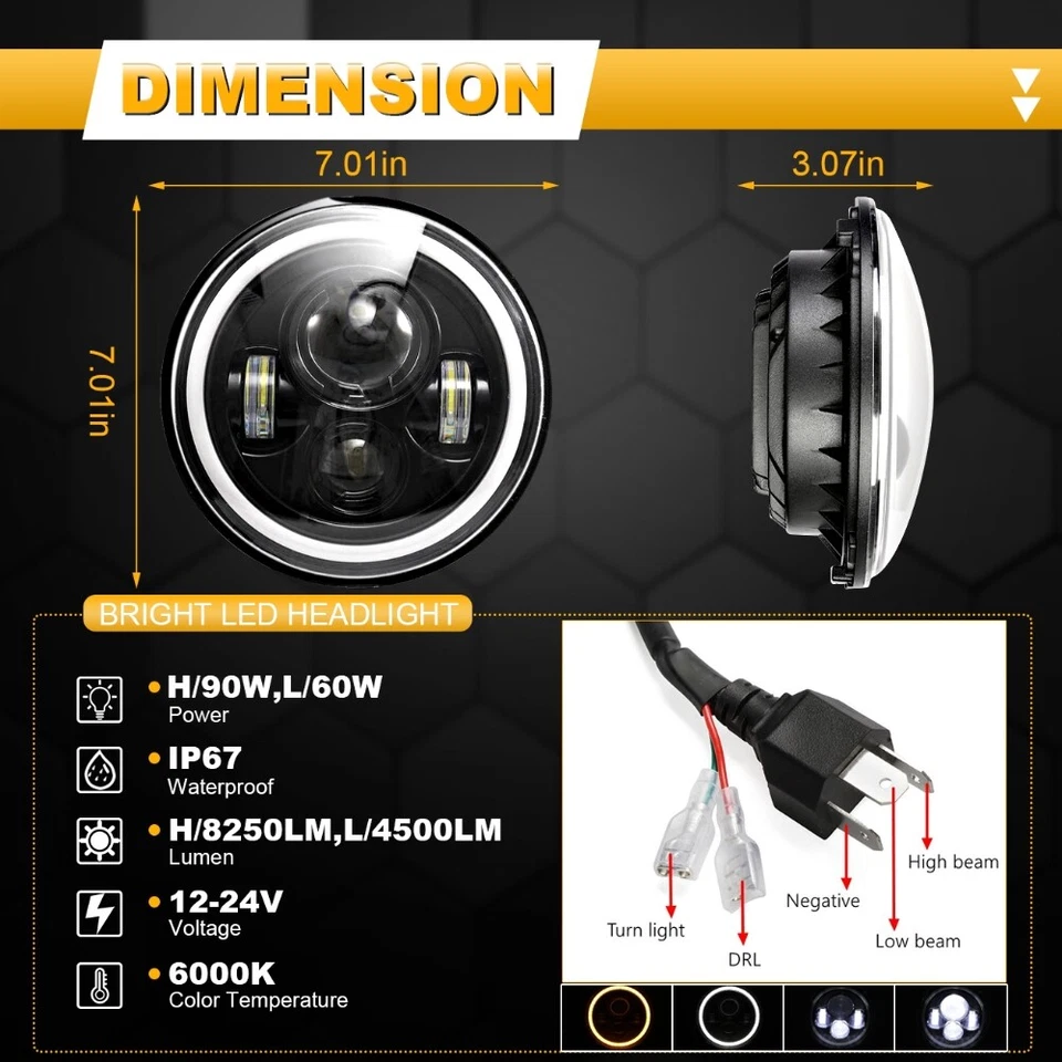 Par de Faróis de LED Redondos DOT 7 Polegadas H4 Olhos de Anjo Compatível com JEEP Rubicon Unlimited - Imagem 3 de 4