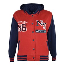 Kids Girls Baseball NYC ATHLETIC Red Hooded Jacket Varsity Hoodie Age 5-13 Years