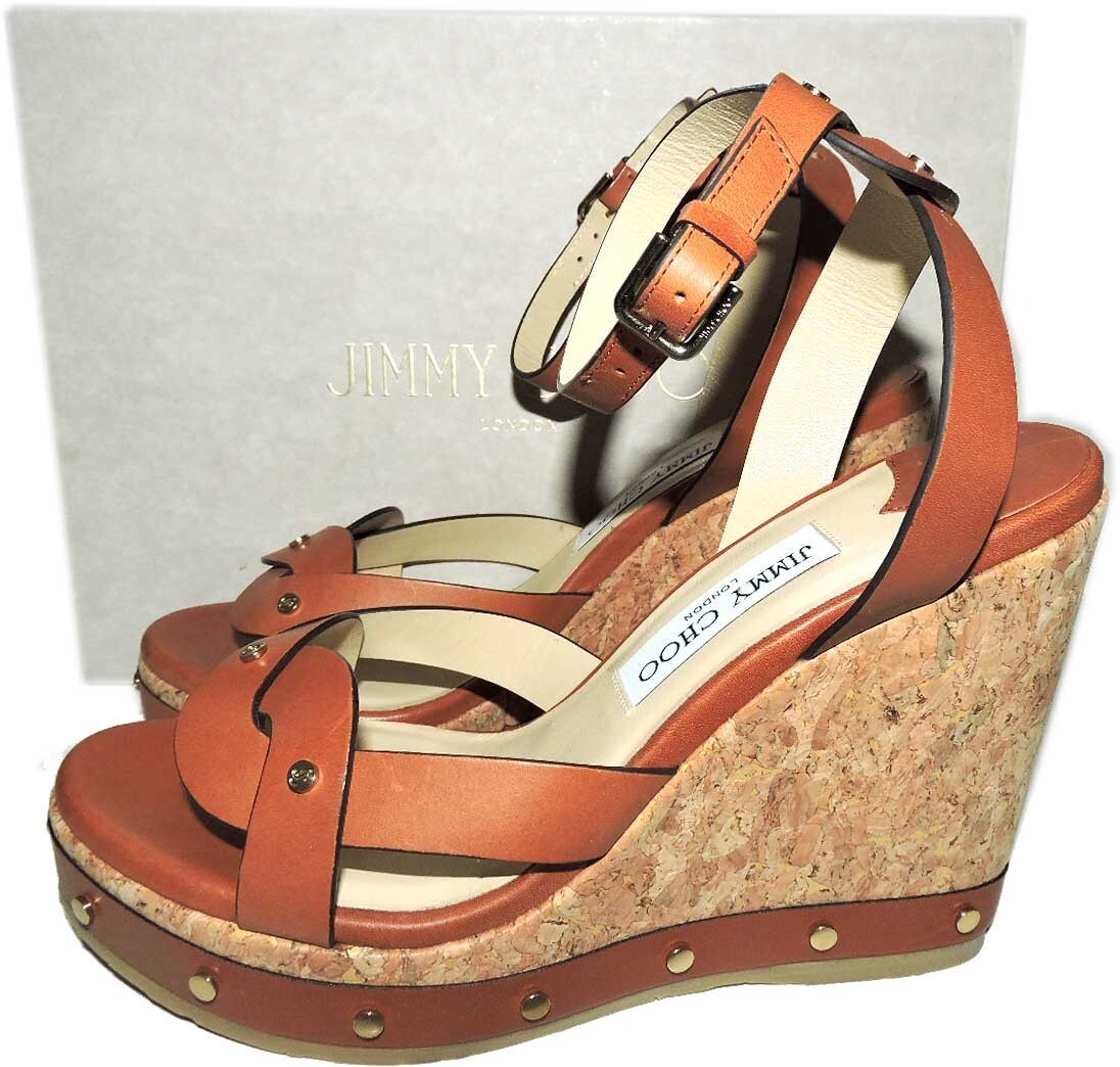 Jimmy Choo Wedge Sandals Brown Drya Studded Shoes Sz 39.5  display picture 1