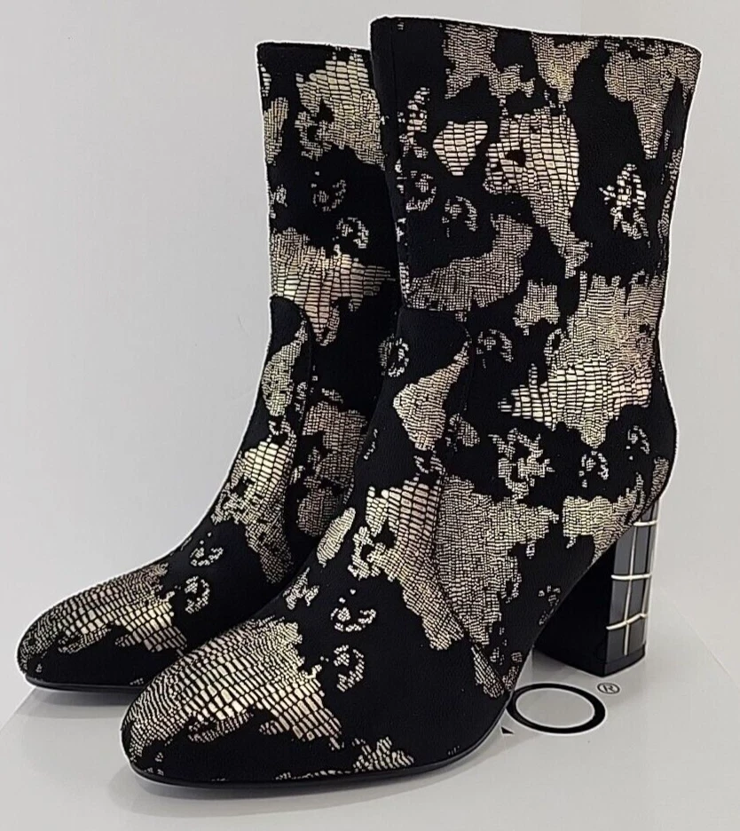 Sapato ASHRO feminino estampado Paris botinhas tamanho 9 M preto-ouro camurça falsa superior NOVO - Imagem 2 de 4