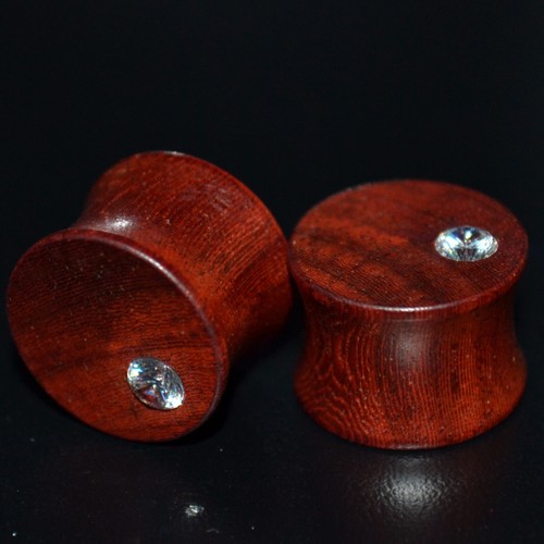 PAIR RICH MAHOGANY WOOD w/CLEAR GEM EAR PLUGS DOUBLE FLARED GAUGES