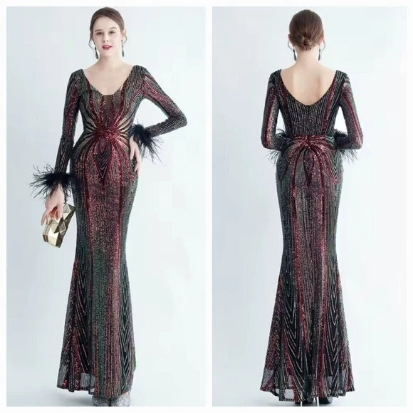 Vestido de novia rojo y negro manga larga cuello redondo Foto 2 de 4