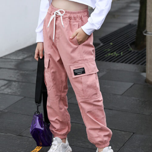Mädchen Cargohose Elstischer Bund Freizeithose Sport Hosen mit Kordelzug Taschen - Picture 10 of 27