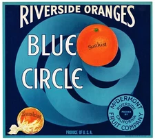 ORIGINAL CRATE LABEL ART DECO CIRCLE RIVERSIDE VINTAGE BLUE STREAMLINE MODERNISM