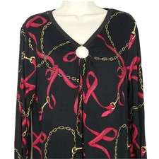 Rebecca Malone Tunic Top Women Size L Black Red Chain Ribbons Print Long Sleeve