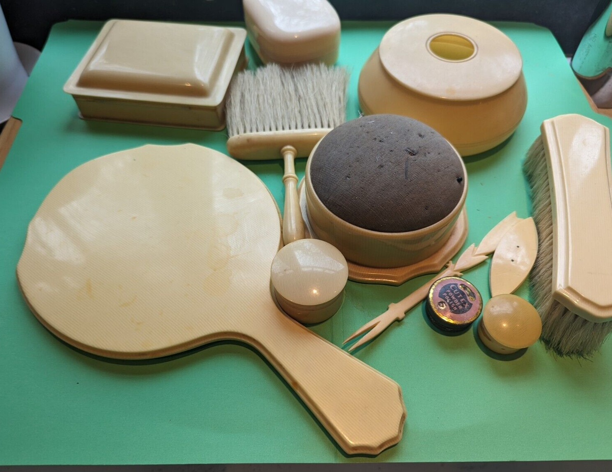 antique french ivory dresser set Vintage Art Deco French Ivory Celluloid Vanity Dresser Set