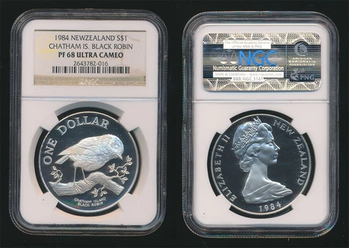 New Zealand: 1984 $1 Bird Black Robin Chatham Is Silver NGC PF68 Ultra Cameo