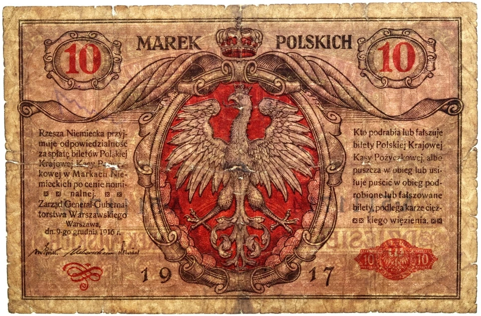 POLAND 10 MAREK 1917 Pick-12 VG SERIES A S/N A5111714 - Image 2 of 2