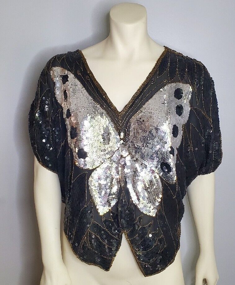 80s Vintage Sequin BUTTERFLY going out Party top … - image 1