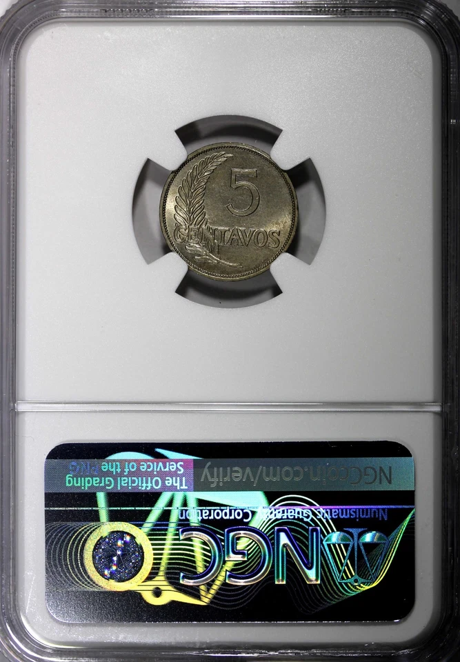 PERU Copper-Nickel 1940 5 Centavos NGC MS64 TONING TOP GRADED KM# 213.2 (063) - Image 3 of 4