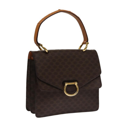 CELINE Macadam Canvas Hand Bag PVC Leather Brown Gold Auth 102697