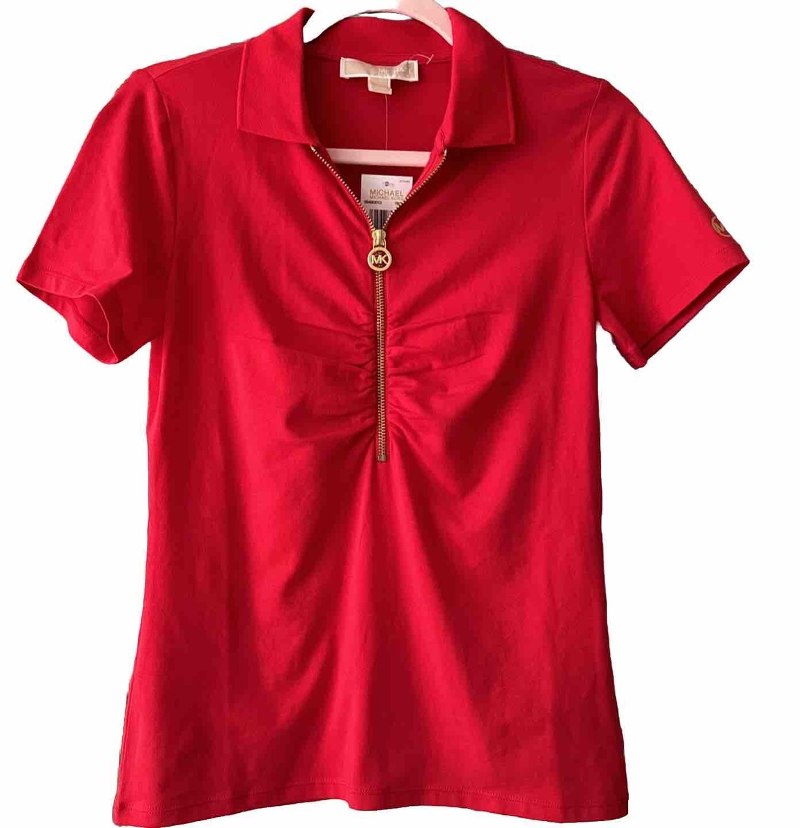 NWT Women Michael Kors True Red Ruched Polo T- Shirt Size XS