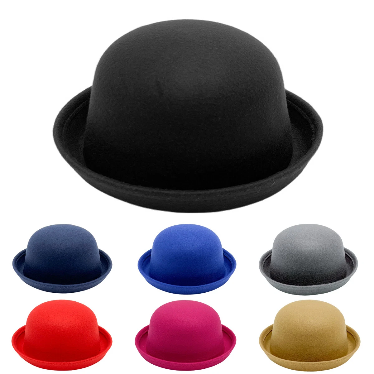 Classic Wool Round Bowler Hats Trendy Derby Fedora Bucket Caps with Roll-up Brim