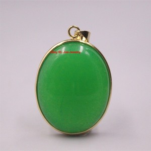 Authentic Gold Plated With Heated Green Jade Oval Pendant 1.57inch H Best