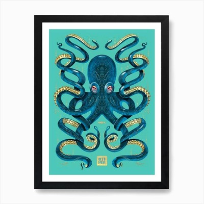 Octopus Blue And Gold Animal Art Pr Framed Wall Art Poster Canvas Print Picture