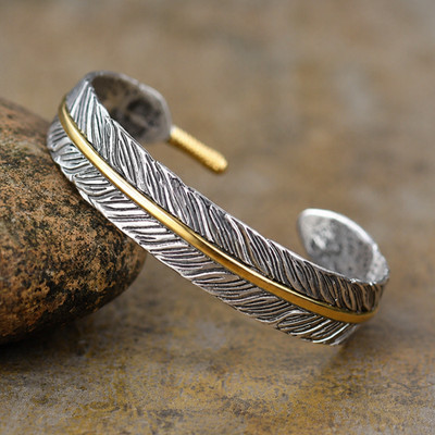 Vintage Stainless Steel Feather Cuff Bracelet Adjustable Men Women Wrist Bangle