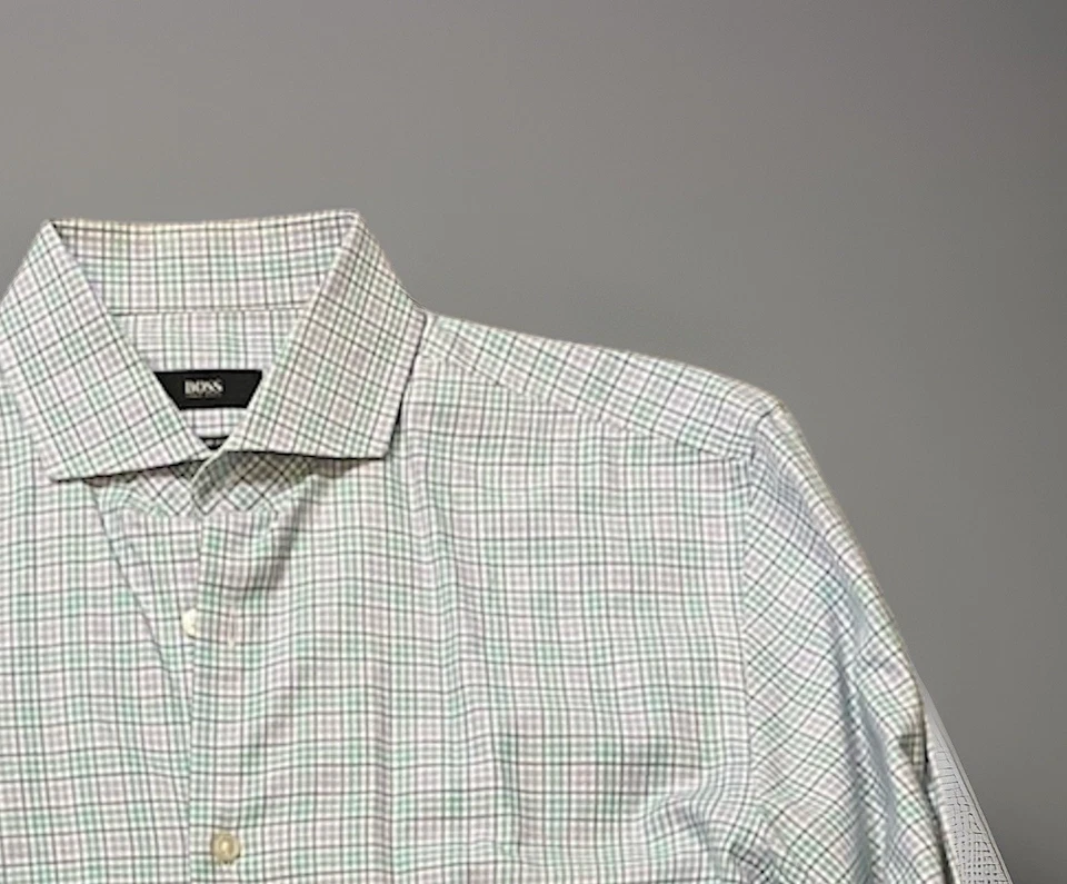 Camisa de vestir Hugo Boss corte afilado para hombre 15,5 34/35 azul verde micro cuadros algodón Foto 4 de 4