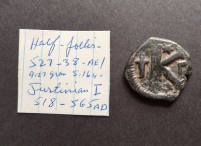 Roman Byzantine Justinian I: AE, 9.27 grams, Half Follis 527-38 mint, Long Cross