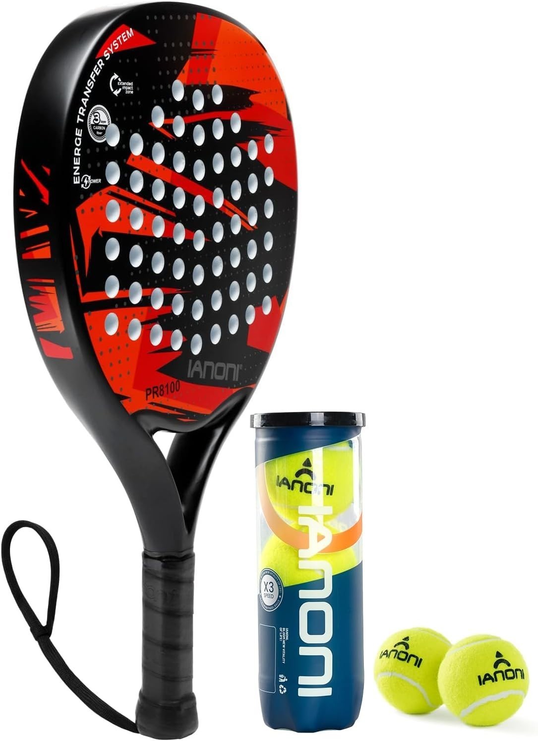 ianoni Padel Racket with 3x Balls - Carbon Fibre Surface EVA Memory Flex Foam