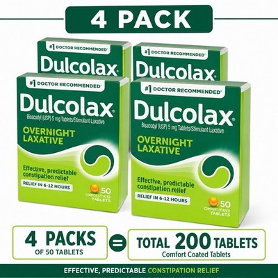 4 Packs Dulcolax Overnight Laxative Tablets Total 200 Count