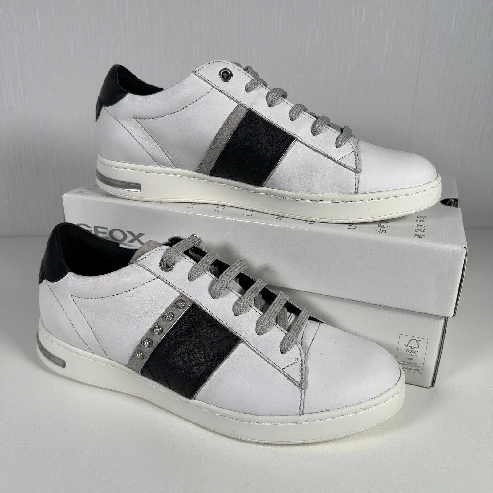 Geox Jaysen D Trainers Women's UK 6 Nappa Leather Suede Black White Shoes NEW