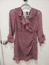  Lulus Red Floral Ruffle Mini Dress 3/4 Ruffle Sleeve V-Neck chiffon. S