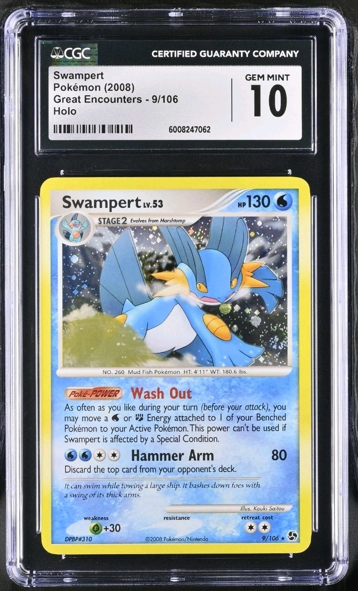 Swampert #9 Holo Pokemon Great Encounters 2008 Card CGC 10 Gem Mint Hand Swirl