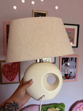 Cream Ceramic Table Lamp w/ Beige Fabric Drum Shade, Switch, UK Plug, E14