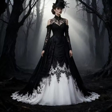Black And White Gothic Wedding Dress High Collar Long Sleeves Vampire Vintage