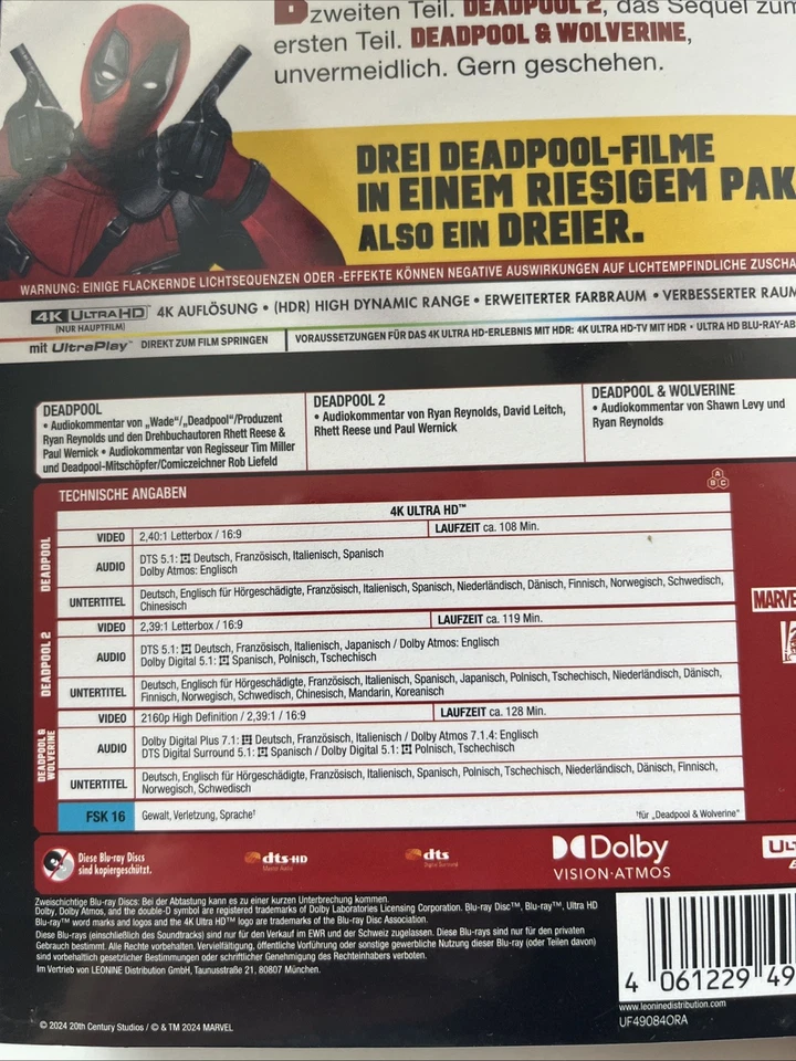 Deadpool 3 Film Collection- 4K Ultra HD Blu Ray .New & Sealed German Import - Image 3 of 3