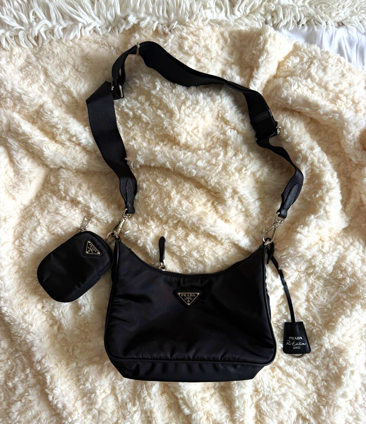 PRADA Re-Edition 2005 Black Nylon Shoulder Bag With Pouch Detachable Strap
