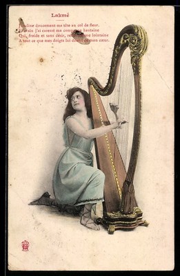 Postcard Young Woman Playing On A Harp 
