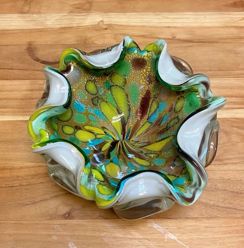 Vtg 1970s Murano Glass Ashtray Magnificent Design& Colors Pocket Tray - Italy