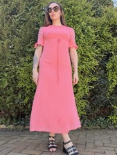 Vintage 1960s Maxi Dress Pink with Floral Crochet Sleeves and Tie Detail Size 12