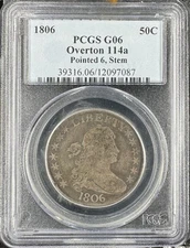 1806 Draped Bust Half Dollar 50c, PCGS G06, O-114a Pointed 6 Stem #097087