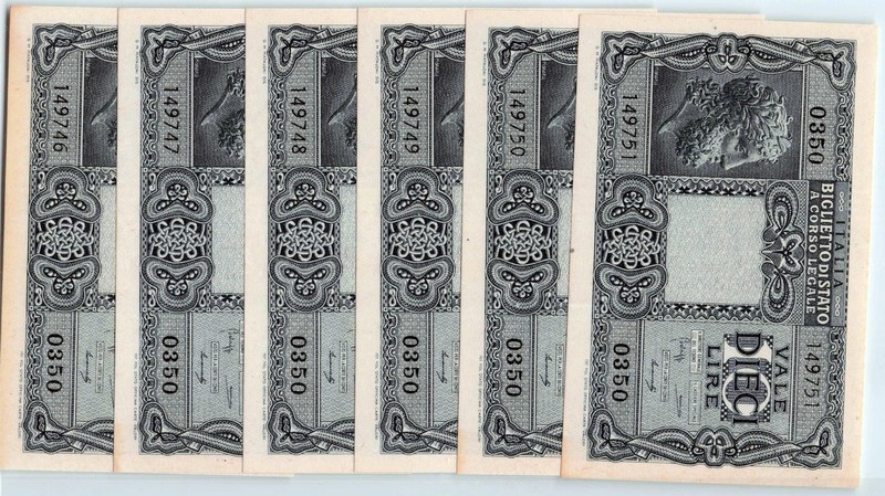 Lot of 6 Sequential 1944 10 Lire UNC Banknotes P-32, Italy Currency Jupiter WWII