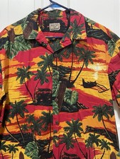 Aloha Hut Hawaii XL Hawaiian Button Down Shirt Palm Trees Sunset 100% Cotton
