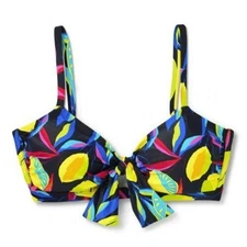 Tabitha Brown SMALL Bright Colorful Lemon Floral Print Tie Front Bikini Top