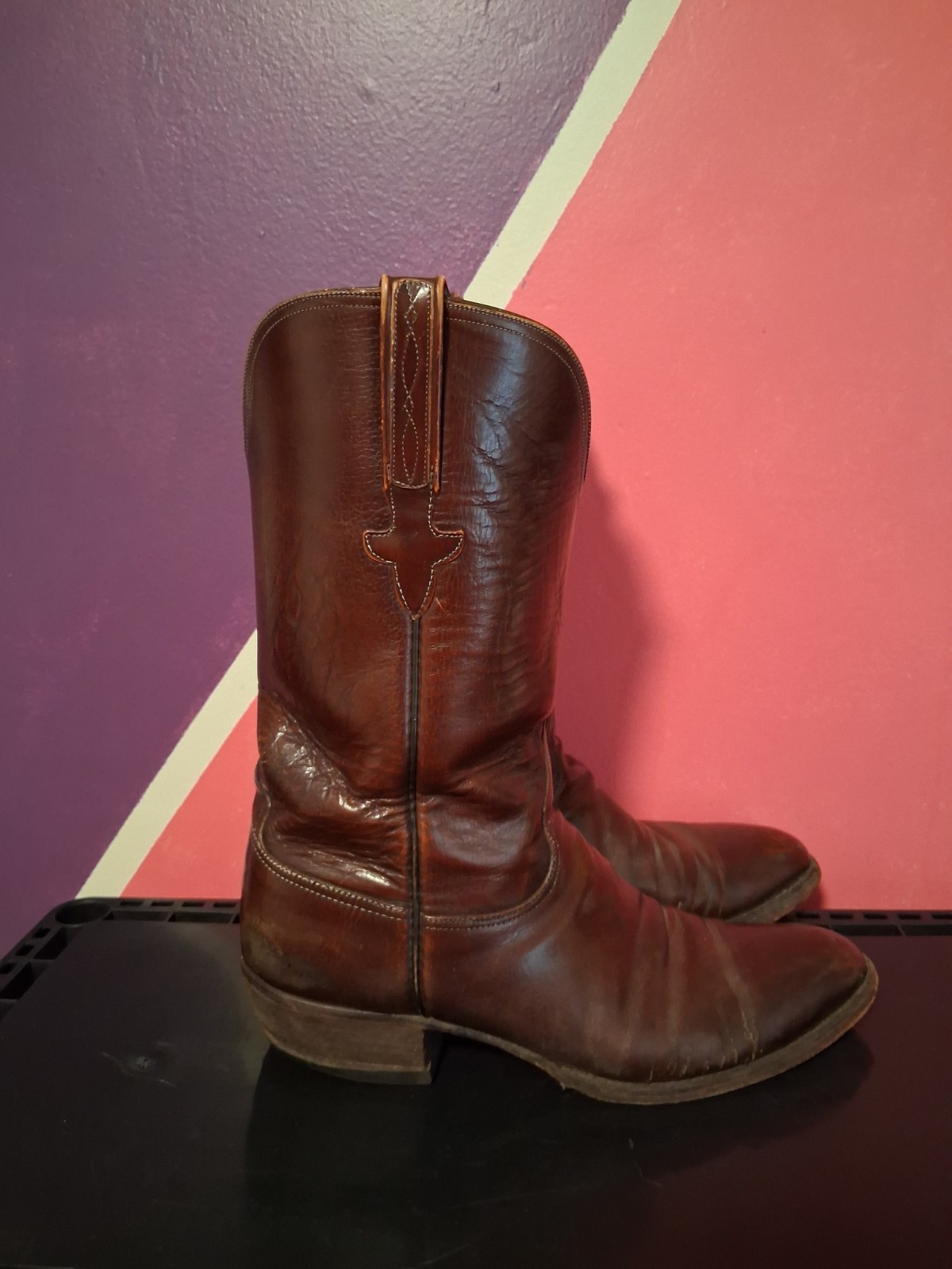 Lucchese Vintage Western Cowboy Ropper Boots Whiskey Brown USA Men's Sz 11 D