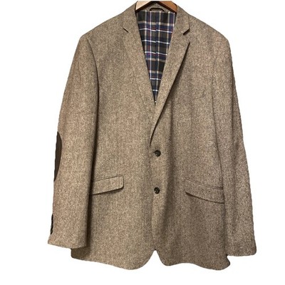 U.S. Polo Assn Mens Wool Blend Sport Coat Elbow Patch Plaid Lined Brown. 46L