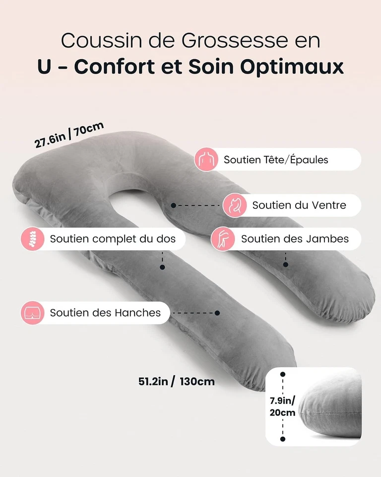 Coussin grossesse U Nuliie oreiller corps complet housse velours gris - Photo 2/4