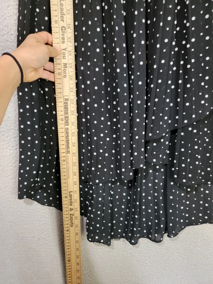 Pleated Chiffon Midi Skirt Size Small Black Polka Dot Faux Wrap Hi Low Hem - Image 4 of 4