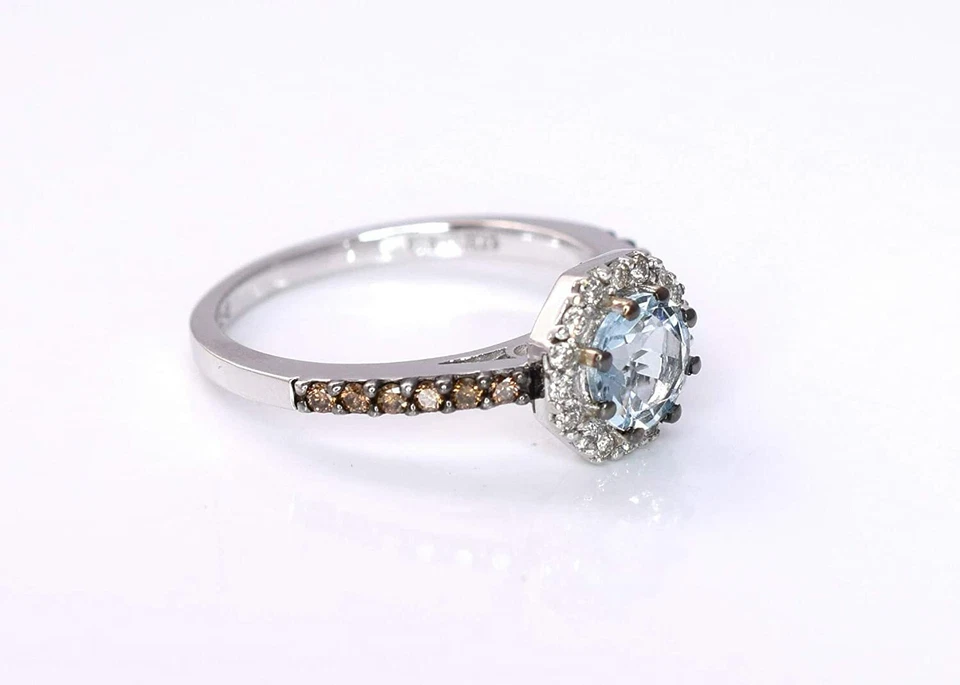 Anillo LeVian Azul Aguamarina Chocolate Diamantes Corte Redondo Halo Oro Blanco 14K  Foto 4 de 4