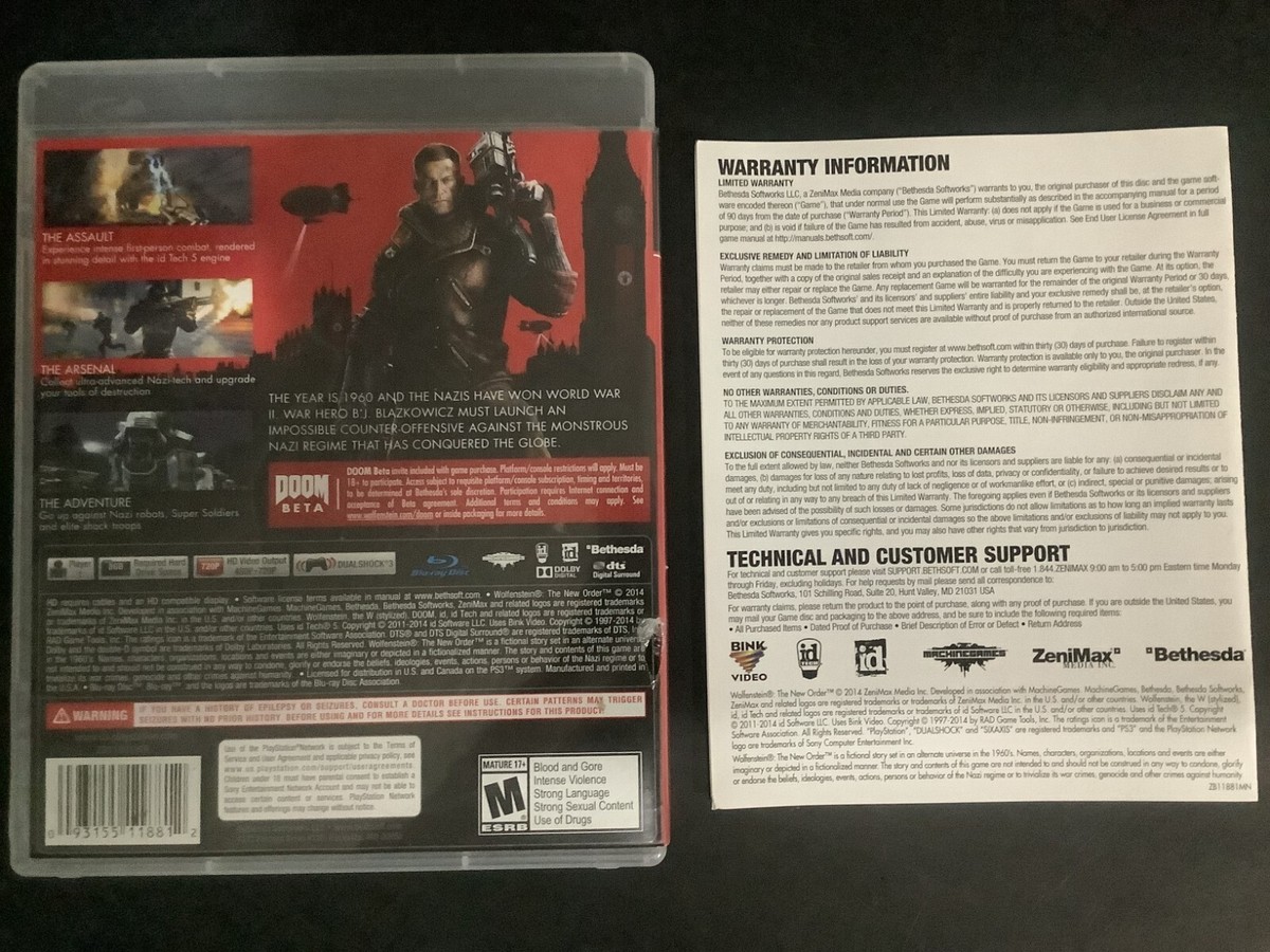 Wolfenstein The New Order PS3 PlayStation 3 Complete w/ Manual 