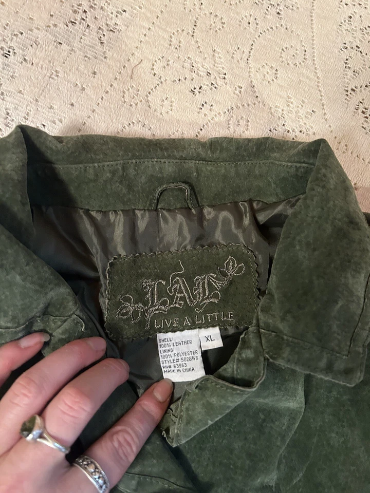 Women’s Vintage 1980s Leather Jacket, Green, Medium, Suede Retro - Image 3 of 4