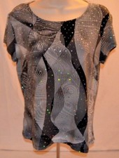 VTG Brittany Black Blouse Black White Geometric Design Sequins Made in USA