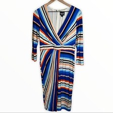 ECI Multicolored Striped V Neck Long Sleeve Faux Wrap Dress Woman’s Size Small