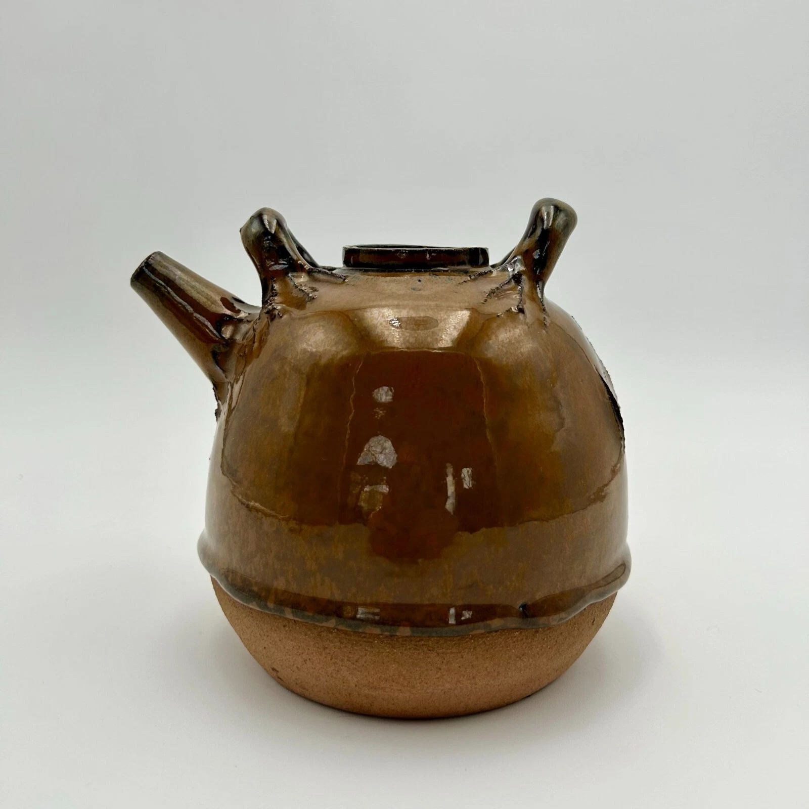 Antique French Ceramic Brown Olive Oil Jar With Artistic Handles & Spout
